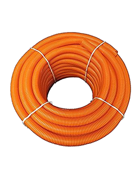 CTPA Orange Extra Flexible General Purpose Conduit Size 20- Slit or Unslit  in a coil on a white background bundled with white cord