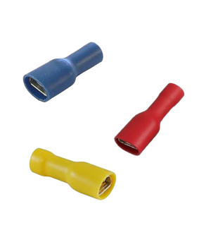 Fully-Insulated Crimp Terminals - Female / Push On Tabs blue, red and yellow on a white background