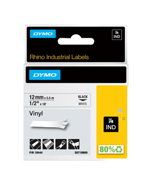 DYMO Rhino Vinyl Tape 12mm WHITE with Black Lettering 18444