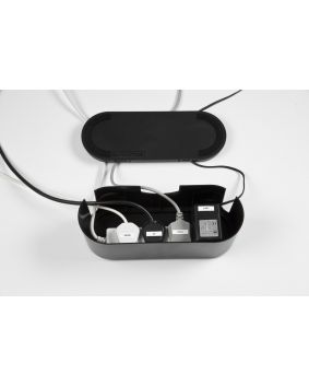 small black cable tidy unit with extension cord inside and lid lay to the top 